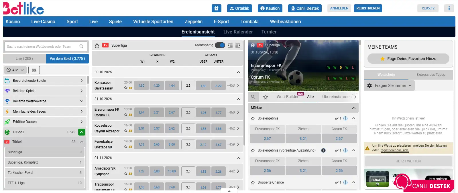 Wettmärkte und Dezimalquoten eines einzelnen Sportereignisses bei BetLike